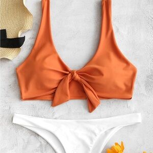 Zaful Knot Tank Bikini Set Small • Orange Tie-Front Top & White Bottoms